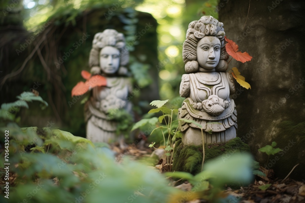 Fototapeta premium cryptic stone statues hidden in island foliage