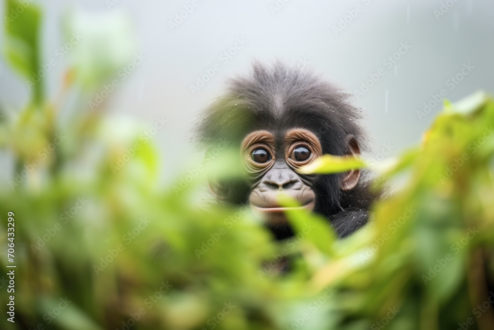 baby gorilla peeking out from misty foliage