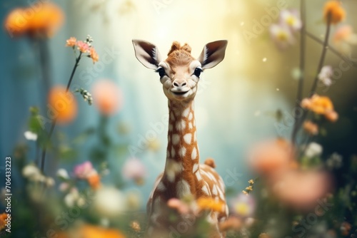newborn giraffe standing tall among blooming flowers