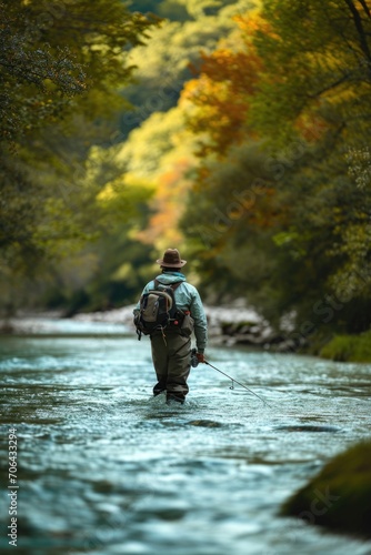 A man with a backpack is wading in a river. Suitable for outdoor adventure and nature-themed projects