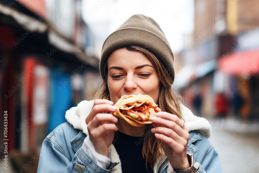 woman eating a gyros sandwich at a street food market woman eating a gyros sandwich at a street food market