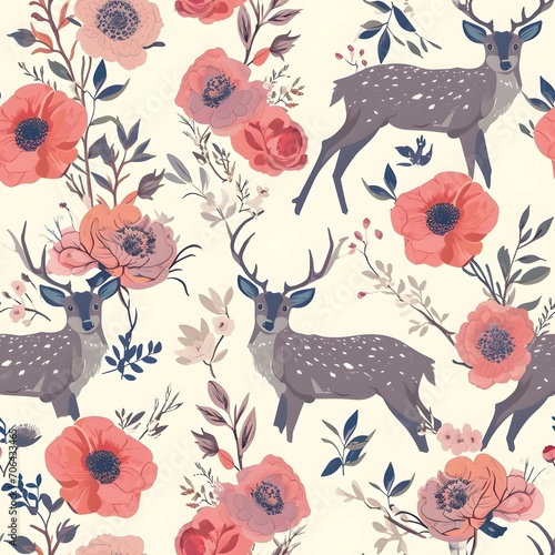seamless background with flowers, floral pattern, deer texture background © Baloch