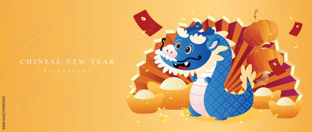 Happy Chinese new year background vector. Year of the dragon design wallpaper with dragon, chinese ingots gold, fan, lantern. Modern luxury oriental illustration for cover, banner, website, decor. Happy Chinese new year background vector. Year of the dragon design wallpaper with dragon, chinese ingots gold, fan, lantern. Modern luxury oriental illustration for cover, banner, website, decor.