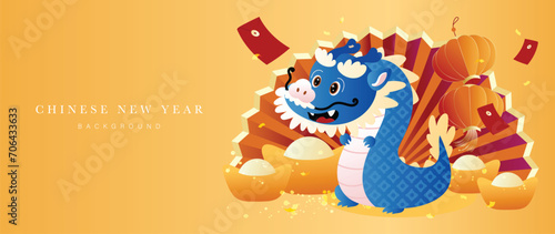 Happy Chinese new year background vector. Year of the dragon design wallpaper with dragon  chinese ingots gold  fan  lantern. Modern luxury oriental illustration for cover  banner  website  decor.