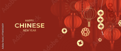 Happy Chinese new year background vector. Year of the dragon design wallpaper with chinese lantern, coin, firework. Modern luxury oriental illustration for cover, banner, website, decor.