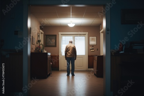 figure standing in a dimly lit, empty hallway