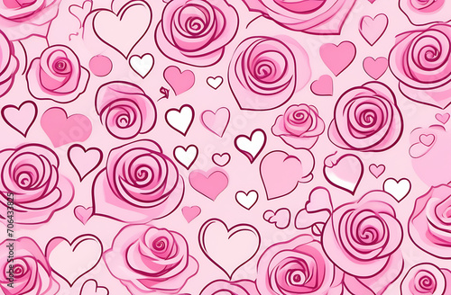 Background of pale pink hearts of different sizes and roses in watercolor style  Valentine s day