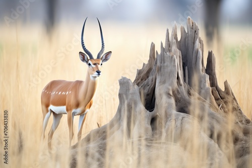 impala standing by termite mound, scanning for predators photo