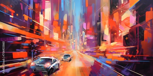 Digital illustration of a car driving on a highway in New York City