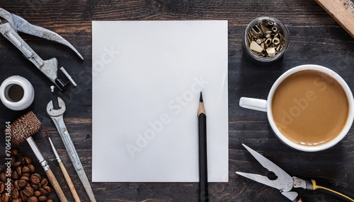 Father's Day, tools wooden background; blank card, copy space for the designer, top view with a cup of coffee