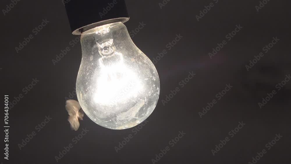 Detail of dusty bulb lighting in the night with a moth flying around Detail of dusty bulb lighting in the night with a moth flying around