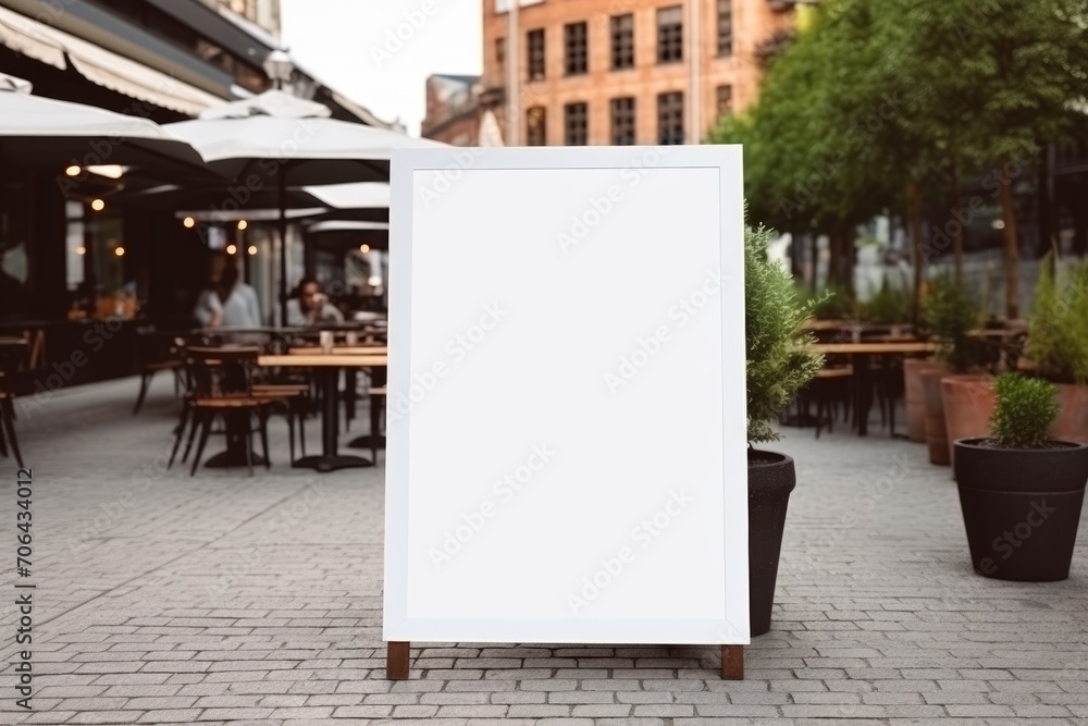 White poster mockup street cafe. Blank signboard near restaurant White poster mockup street cafe. Blank signboard near restaurant