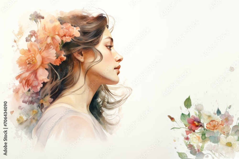 Naklejka premium Watercolor drawing of a Сaucasian woman's profile and colorful, delicate flowers. Tender watercolor portrait of a woman. The concept of femininity, beauty, the awakening of nature in springtime