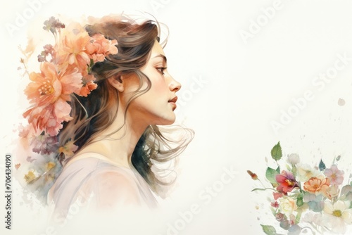 Watercolor drawing of a Сaucasian woman's profile and colorful, delicate flowers. Tender watercolor portrait of a woman. The concept of femininity, beauty, the awakening of nature in springtime