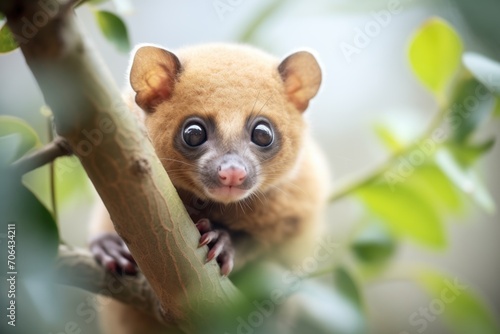 kinkajou peering down from a treetop with curious eyes photo