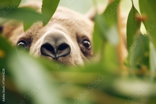 koala     s face peeping from eucalyptus leaves