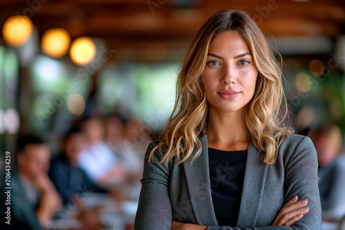 Woman Standing With Arms Crossed Leading a Group of Business Professionals