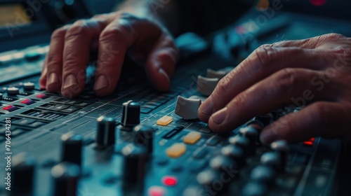 Hands of a person operating a mixing board. Suitable for music production and sound engineering projects