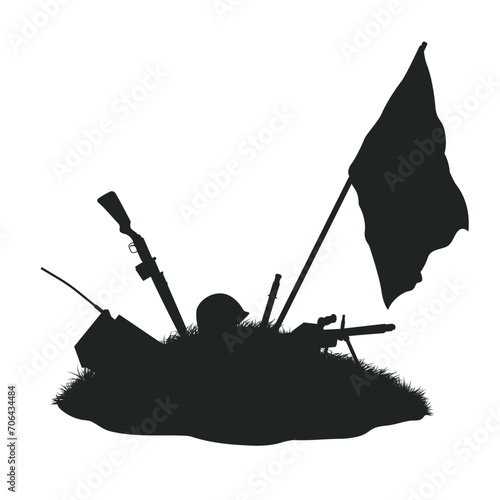 World war battlefield landscape. Isolated silhouette of warrior grave. Soldier mound with rifle, helmet and flag. WW2 battle scene