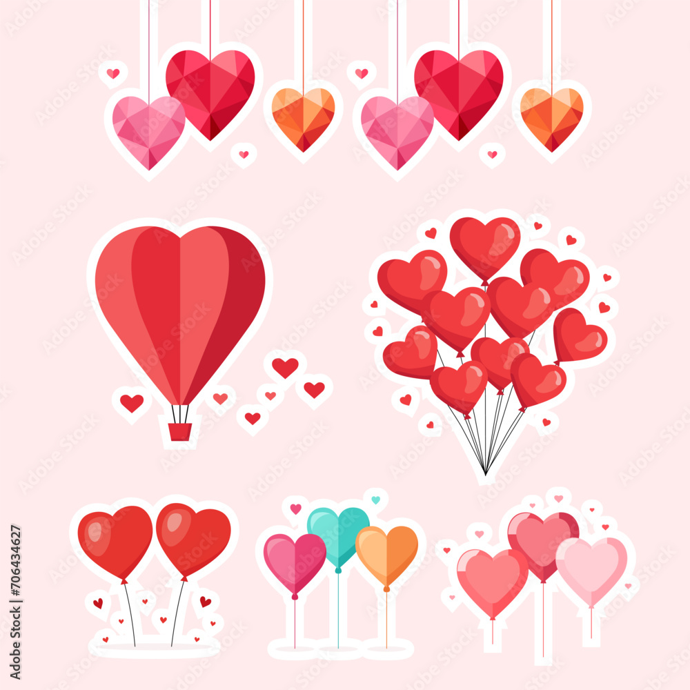 Valentine's day sticker set with heart balloon and diamond ornament