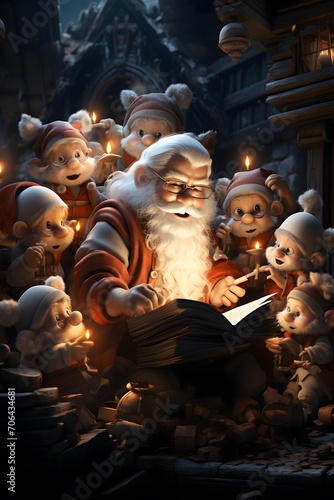 Santa Claus reading a book in front of his family. 3d rendering