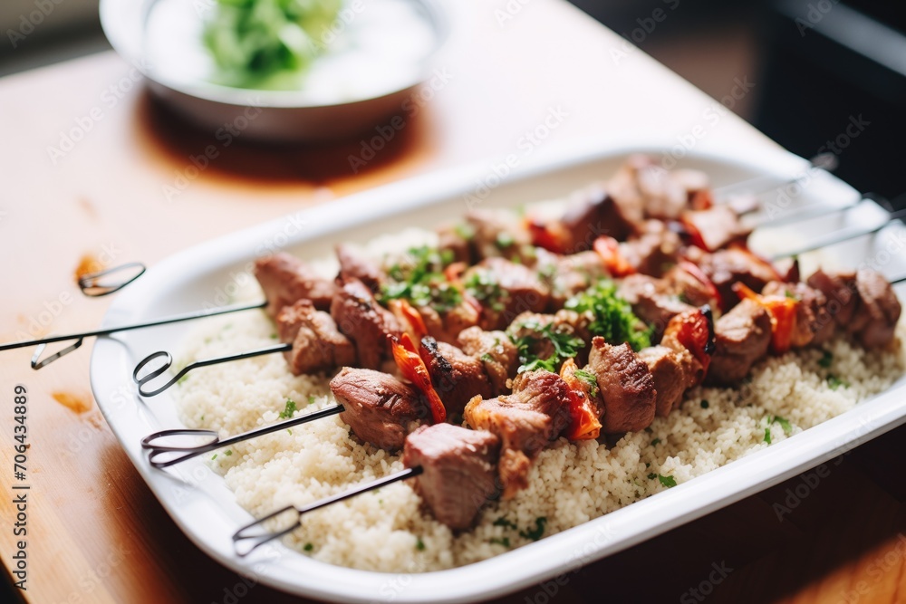 meat skewers over a bed of seasoned rice meat skewers over a bed of seasoned rice