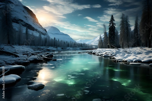 Panoramic view of a frozen mountain river at sunset in winter