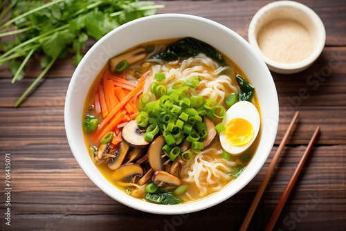 vegan miso ramen bowl with noodles and vegetables