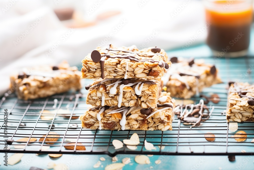 muesli bars stacked on a cooling rack with chocolate drizzle