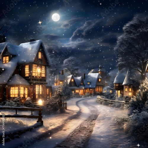 Winter village at night with snow and full moon. Digital painting.