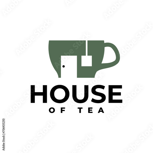 illustration of a tea cup forming a house shape. tea house logo vector template.