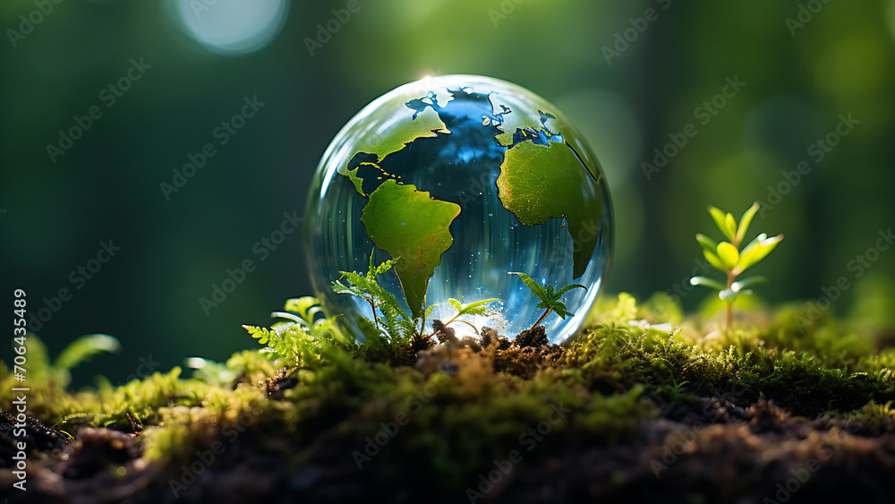 Environment. Earth crystal glass globe and green leaves in forest.