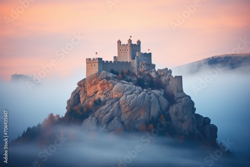 fog enshrouding an imposing stone castle at dusk photo