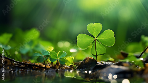 Lucky green clover and nature background. St. Patrick's day holiday symbol.