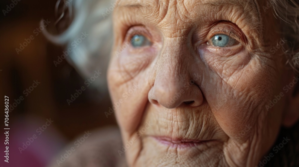 A close up photograph of an older woman with striking blue eyes. This image can be used to portray wisdom, experience, and the beauty of aging gracefully A close up photograph of an older woman with striking blue eyes. This image can be used to portray wisdom, experience, and the beauty of aging gracefully