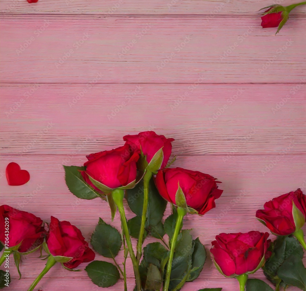 Red roses on pink wooden background with copy space