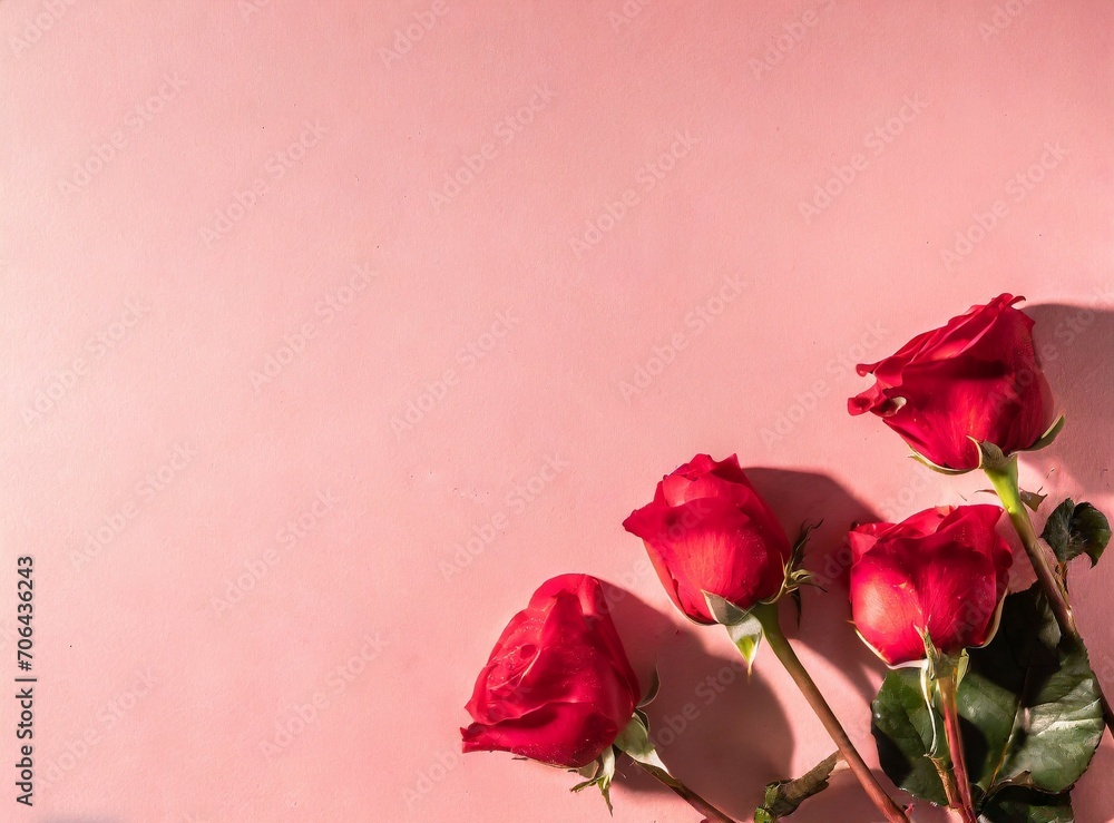 Pink background with red roses and copy space. Valentine's Day holiday card concept.