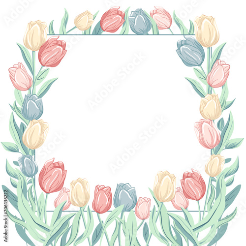 Fototapeta Naklejka Na Ścianę i Meble -  Spring frame. Trendy floral design with tulips in pastel colors. For poster, greeting card, banner.