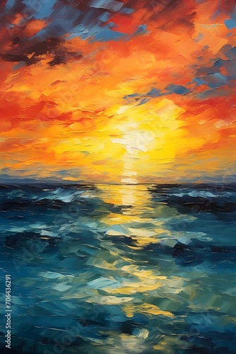 Beautiful seascape at sunset or sunrise. Watercolor painting. © I
