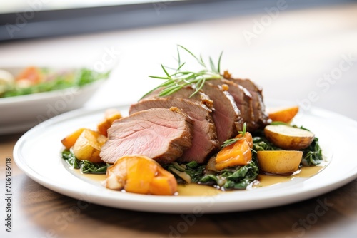 sliced beef pot roast plated with gravy and herbs