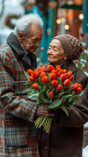 An elderly man gives a bouquet of tulips to his wife, a vertical portrait of an elderly couple in love on a date on Valentine's Day © Ed