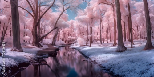 Winter landscape with frozen river and trees. Panoramic image.