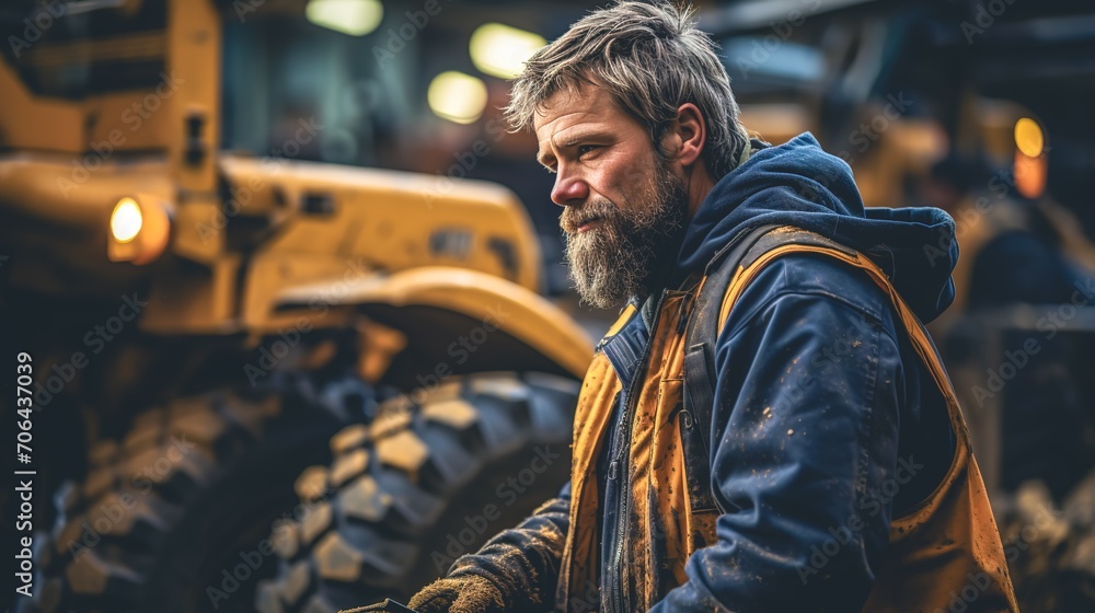 Bearded elderly man in dirty clothes at a construction site.