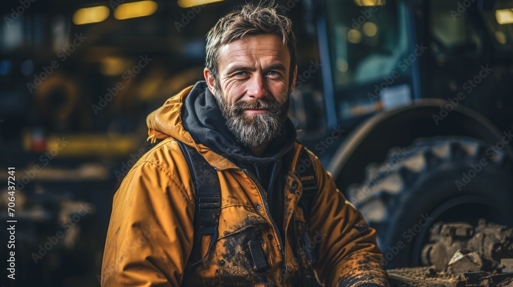 Bearded elderly man in dirty clothes at a construction site.