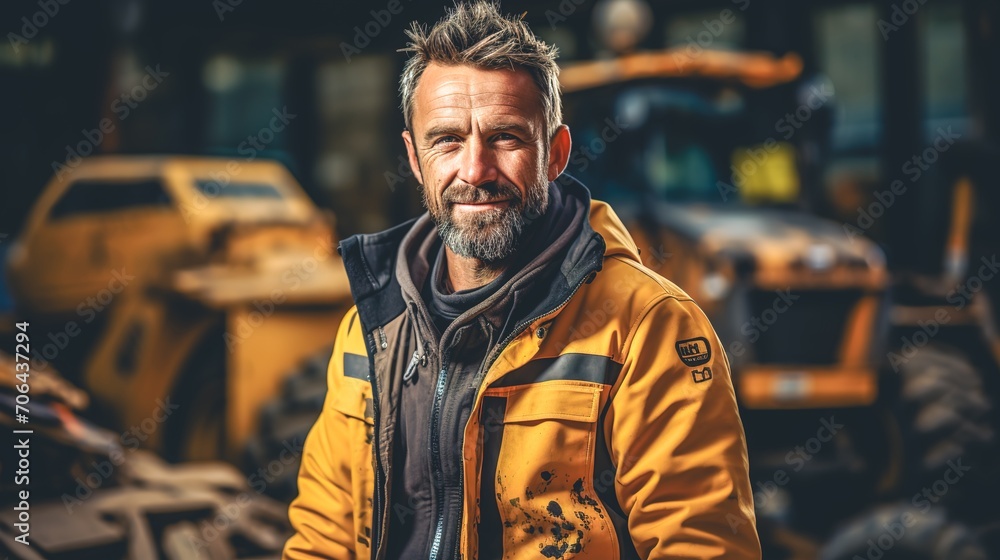 Bearded elderly man in dirty clothes at a construction site.