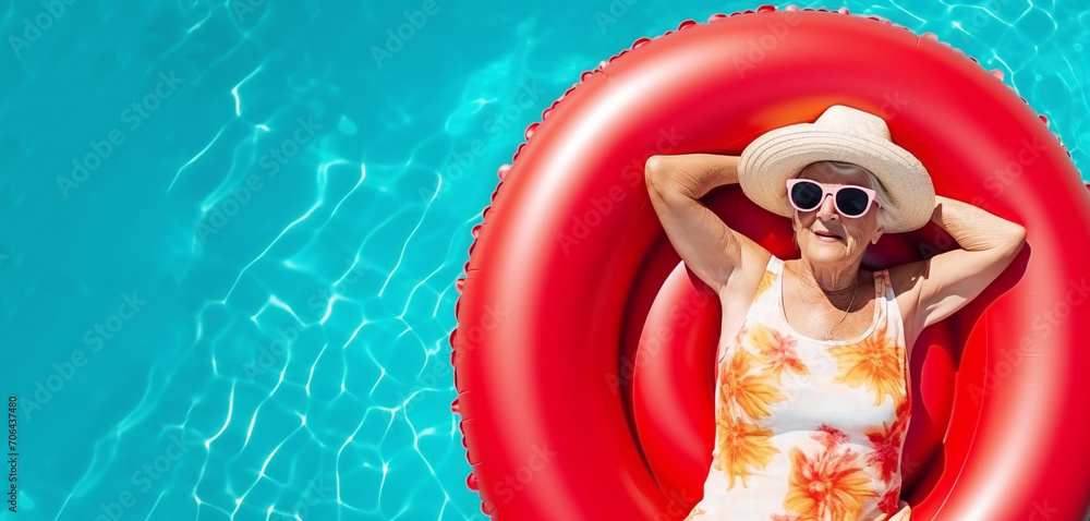 Elderly lady in a stylish hat and swimsuit floating on a bright tube in ...