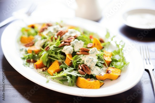 chopped roasted squash with apple slices, pecans, mixed greens, blue cheese dressing