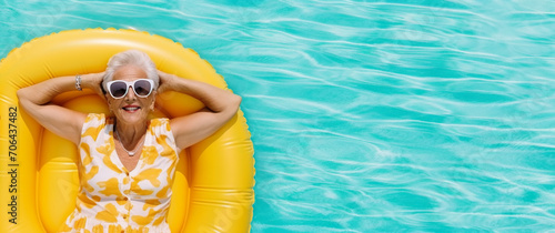 Elderly lady in a stylish hat and swimsuit floating on a bright tube in the swimming pool relaxing on a hot summer day. Senior modern woman on blue water background