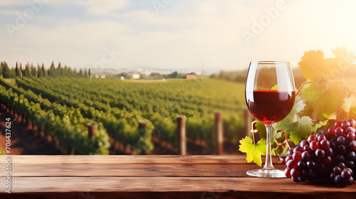 Red wine served on wooden planks vineyard on background, generative ai