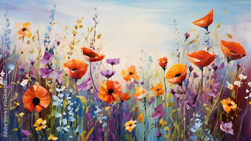 Poppies and wildflowers on a background of blue sky